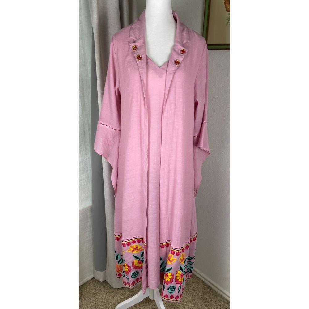 Sailor‎ Midi Kimono Dress Size XL Pink Built in Duster Floral Hem Jewel Collar